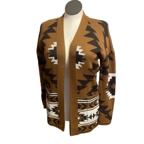 Lucky Brand Open Front Aztec Design Southwestern long Cardigan sweater Brown Sm - Picture 3 of 11